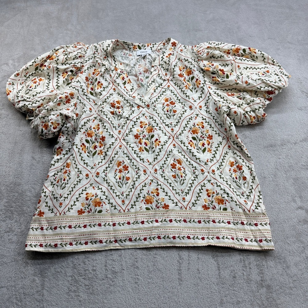 CeCe Blouse Women L Ivory Floral Puff Sleeve V-Neck Boho Peasant Linen Blend Top